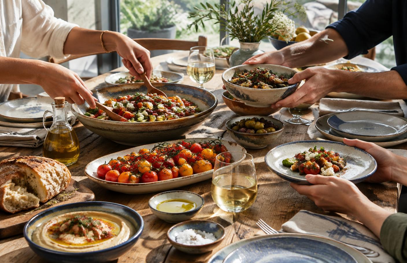 Friends sharing a colorful meal at a wooden table